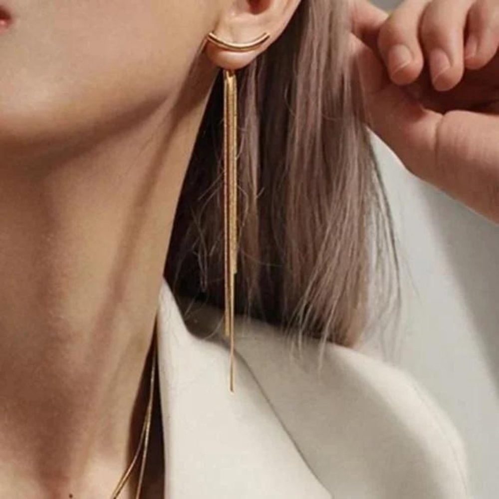 18K YELLOW GOLD LONG THREAD TASSEL ARC EARRINGS, NICE EARRINGS, CUTE EARRINGS